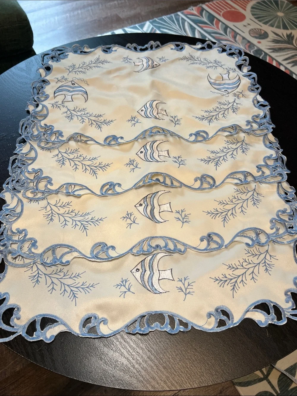 Set of 4 Vintage Blue and White Embroidered Nautical Beach House Fish Placemats